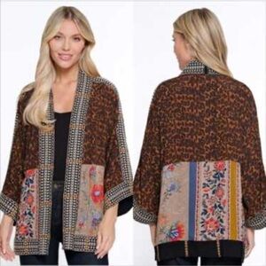 John Mark Embroidered Skin Multi Leopard Mixed Print short kimono